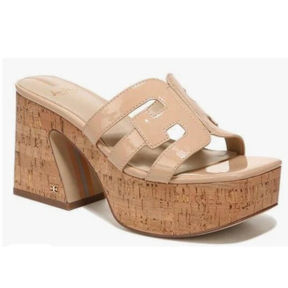 Sam Edelman Dev, Beige Patent Platform Sandals Size 9.5M New - Picture 1 of 5